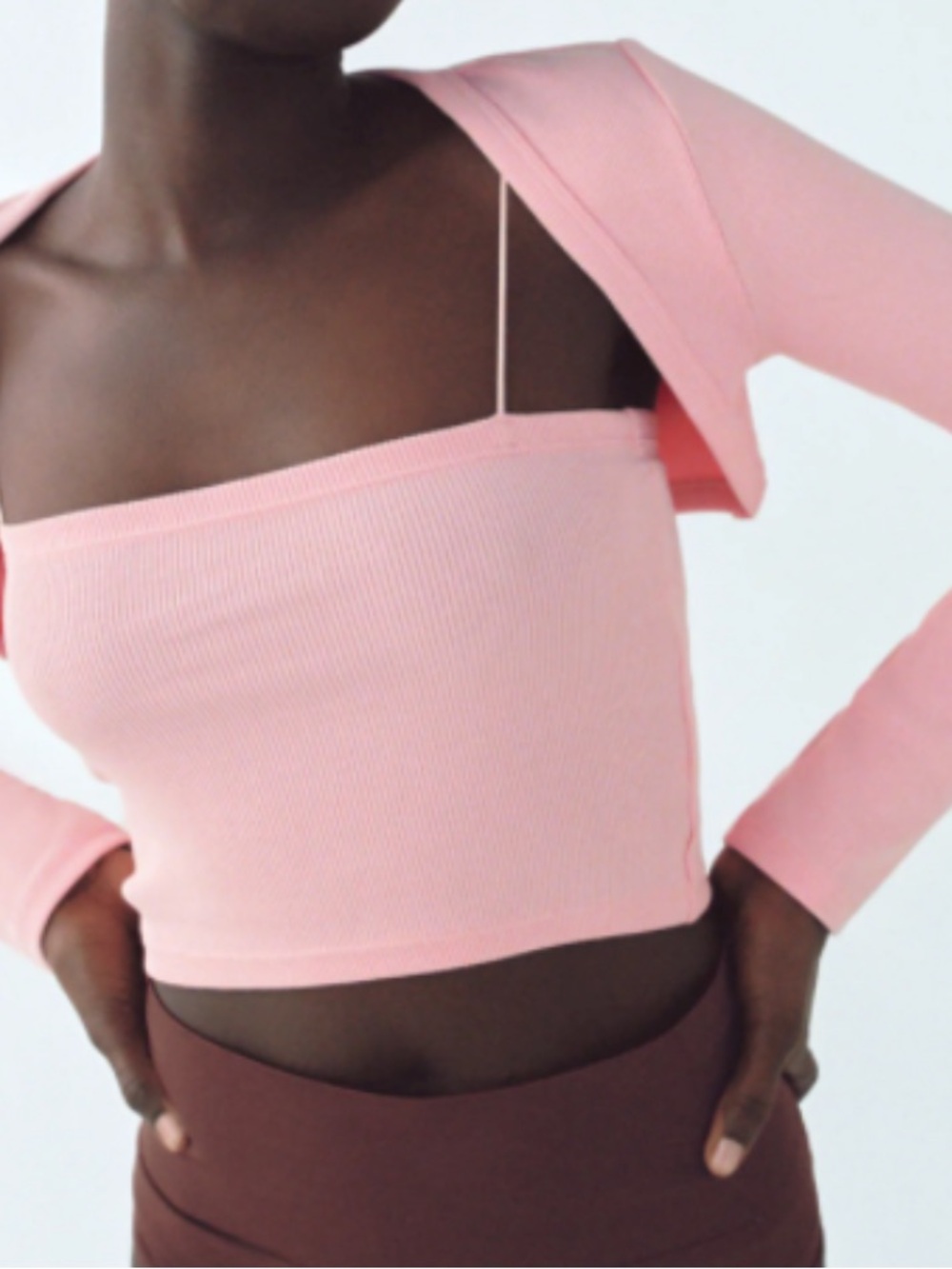 Pink Ribbed Crop Tank Top with Bolero Sleeve